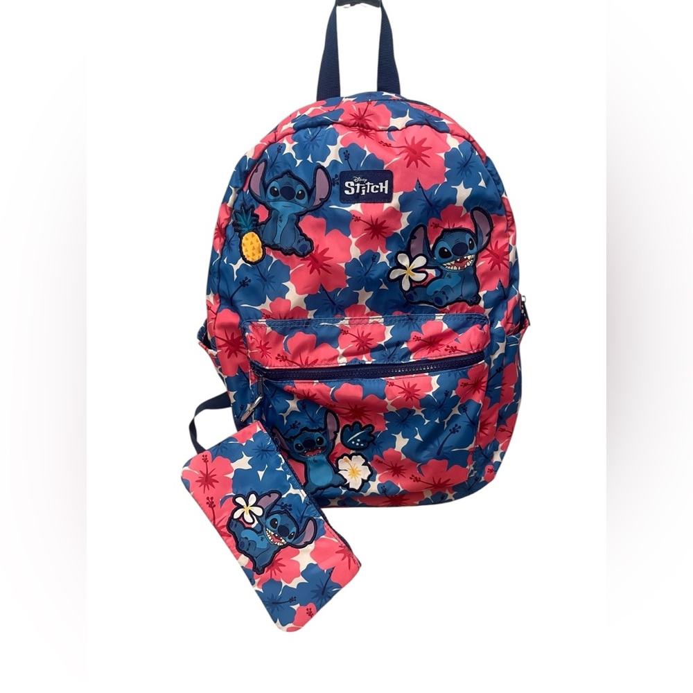 Disney Stitch Blue Pink Floral Hibiscus Travel Backpack and Pouch Set Bioworld